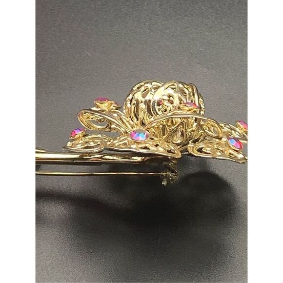 Sarah Coventry Gold tone Flower Brooch red rhinestones matching clip earrings - Picture 5 of 11